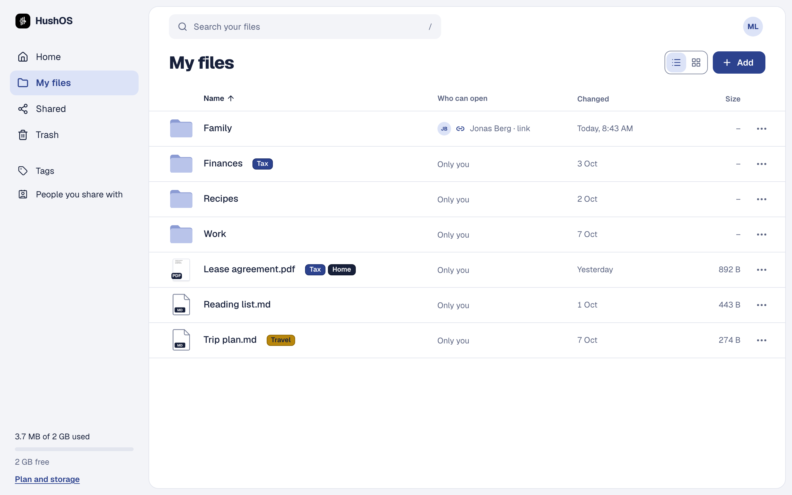 HushOS Drive in a browser: shared folders, each saying who can open it.