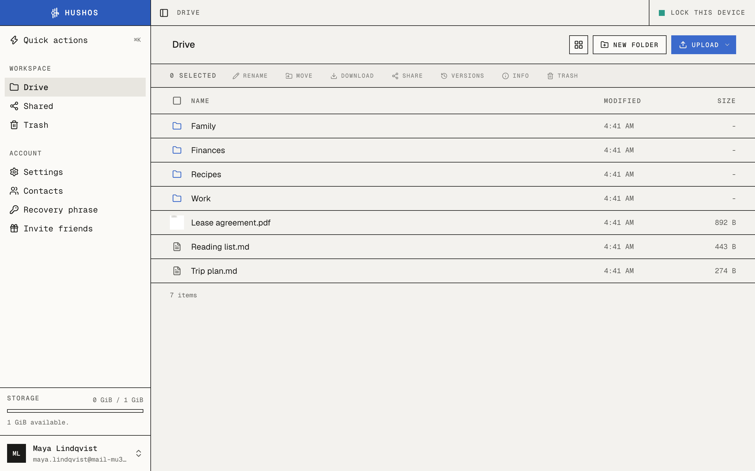 HushOS Drive in a browser: folders named Family, Finances, Recipes and Work, and a lease, a reading list and a trip plan, with a storage meter in the sidebar.