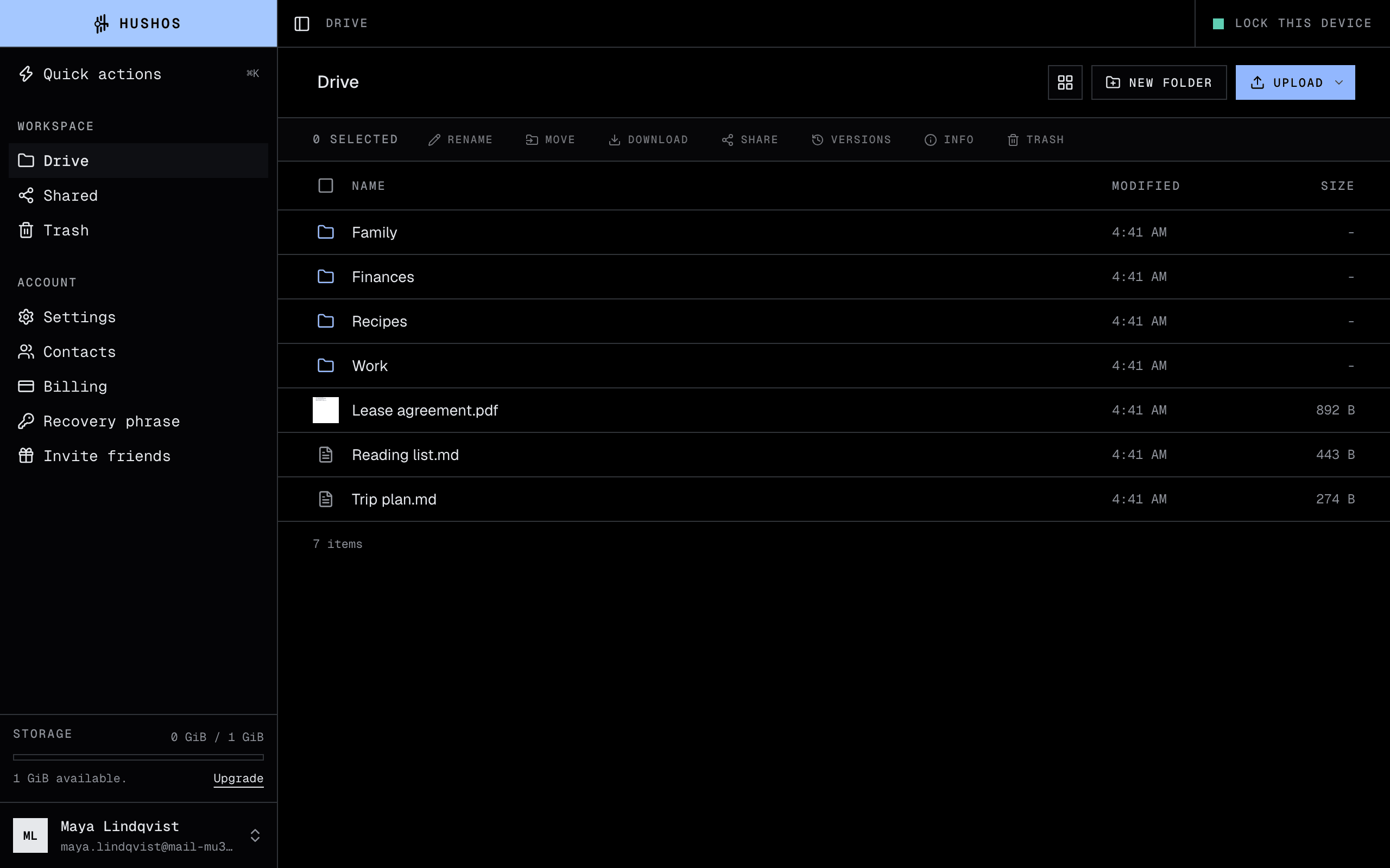 HushOS Drive in a browser: folders named Family, Finances, Recipes and Work, and a lease, a reading list and a trip plan, with a storage meter in the sidebar.