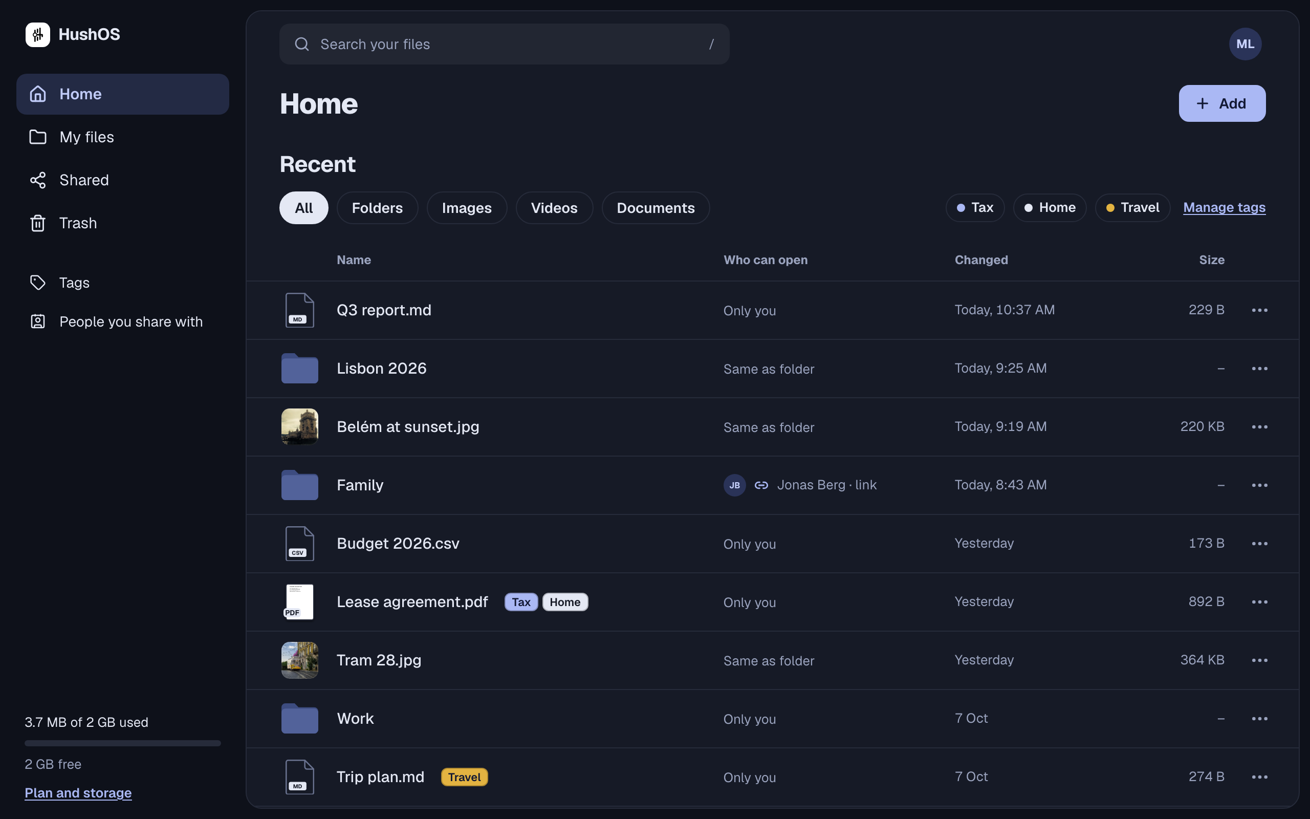 HushOS Drive in a browser: shared folders, each saying who can open it.
