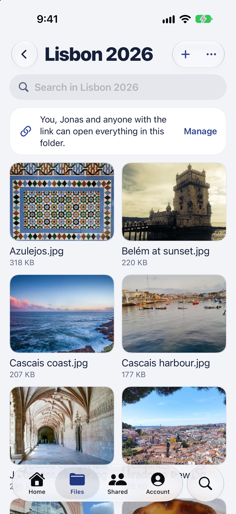 The same folder of photos as a grid, and who can open it, in the iPhone app.