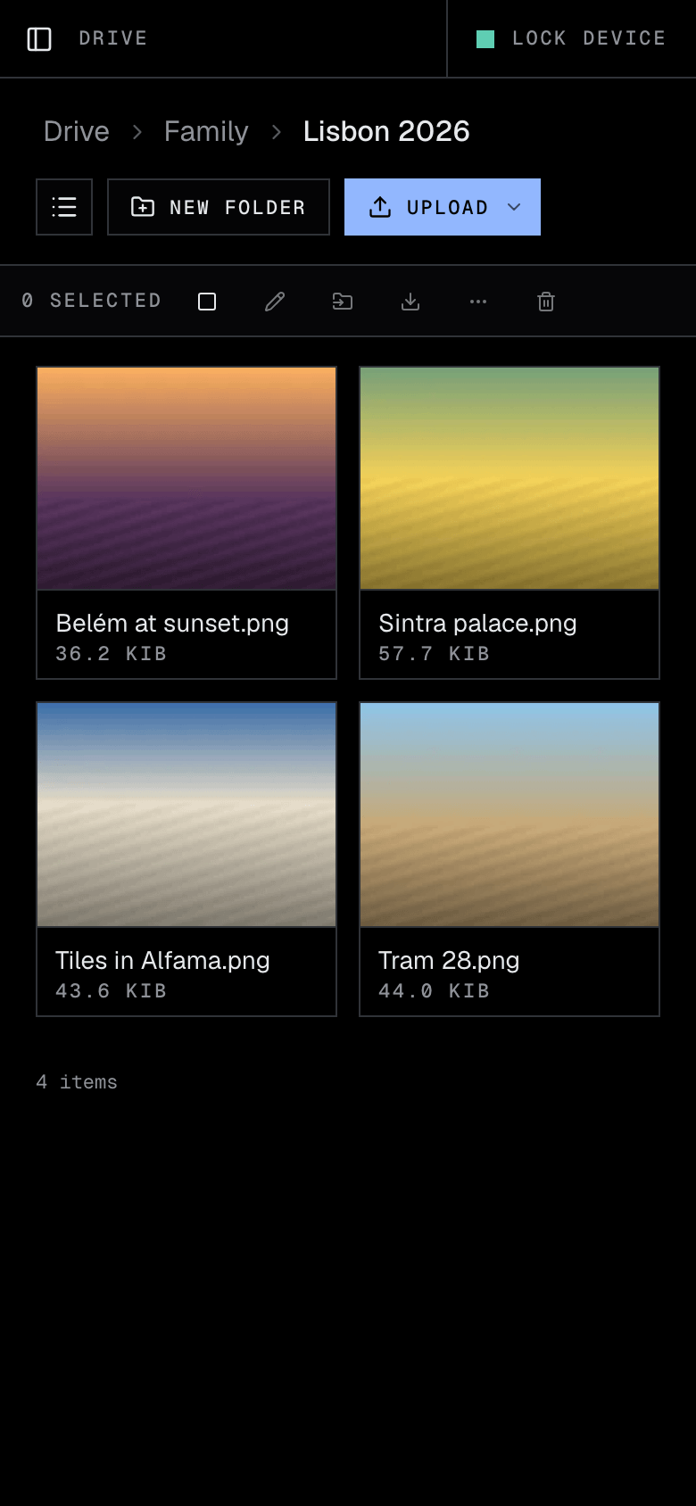 HushOS Drive on a phone, showing a folder of holiday photos as a grid of thumbnails.