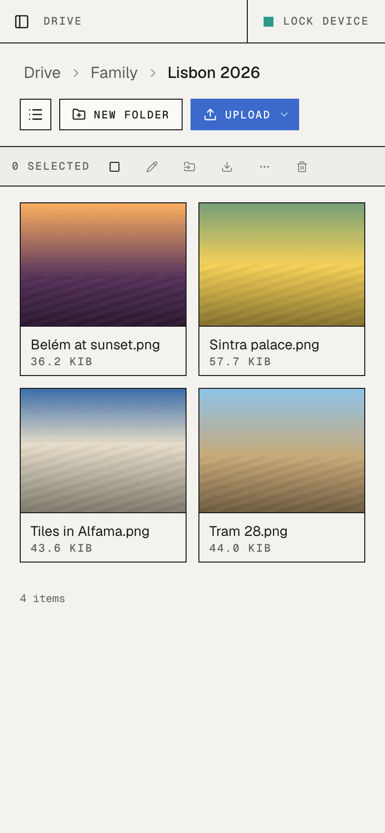 HushOS Drive on a phone, showing a folder of holiday photos as a grid of thumbnails.