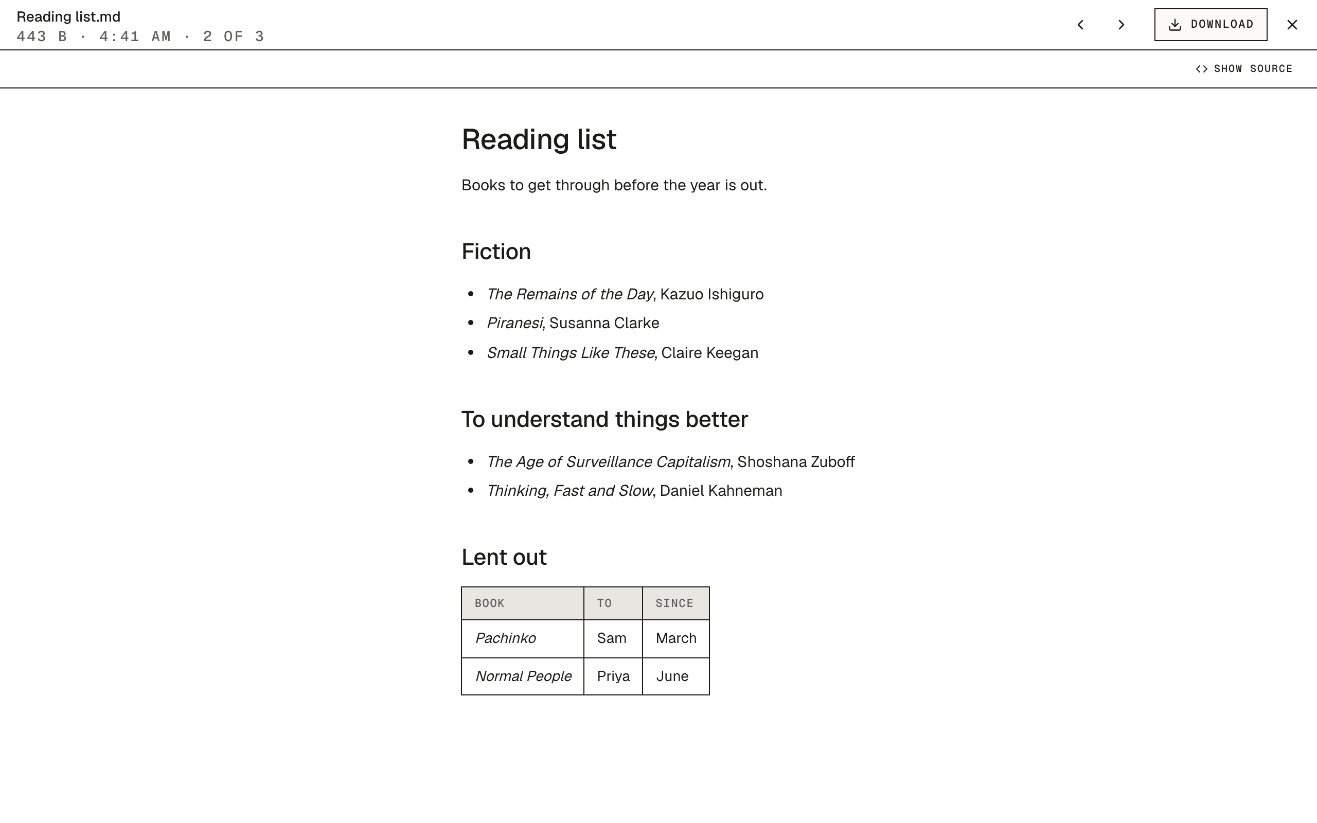HushOS Drive: a reading list opened in place, decrypted on the device.