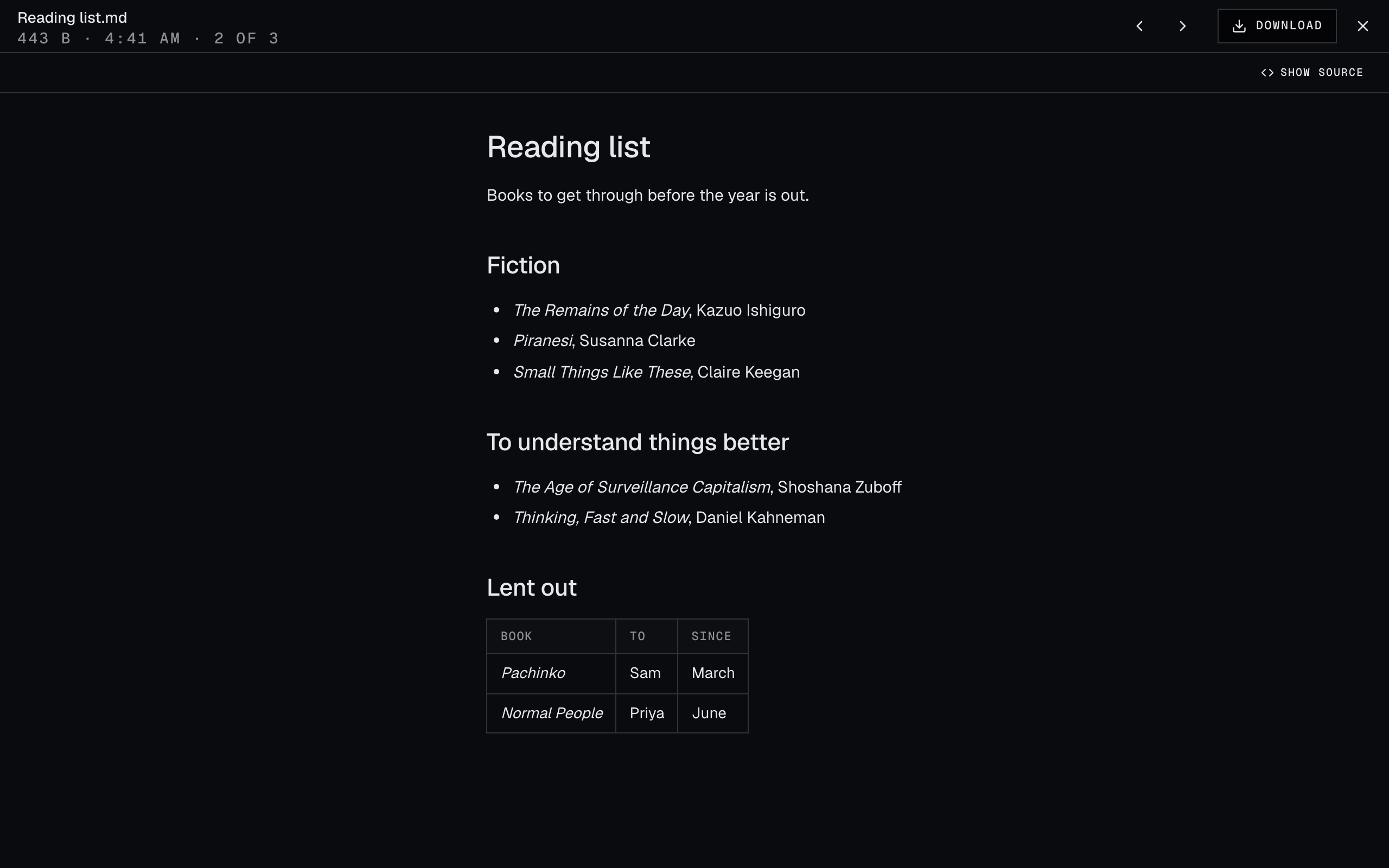 HushOS Drive: a reading list opened in place, decrypted on the device.